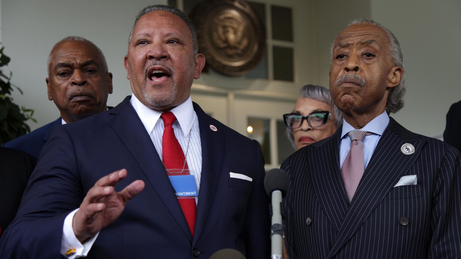 Civil rights leader Marc Morial of the National Urban League speaks as (L-R) Wade Henderson of the Leadership Conference for Civil & Human Rights, Johnnetta B. Cole of the National Council of Negro Women and the Rev. Al Sharpton of the National Action Network listen at a briefing outside the West Wing of the White House following a meeting with President Joe Biden and Vice President Kamala Harris July 8, 2021 in Washington, DC. The group met to discuss voting rights legislation and the George Floyd Justice in Policing Act.  