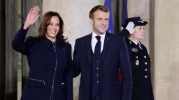 France's President Emmanuel Macron (R) welcomes US Vice President Kamala Harris prior to a meeting at the Elysee Palace in Paris on November 10, 2021. - US Vice President Kamala Harris meets with French President Emmanuel Macron on November 10 in a further effort to mend relations with Paris after a crisis sparked by a cancelled submarines contract. (Photo by Ludovic MARIN / AFP) (Photo by LUDOVIC MARIN/AFP via Getty Images)