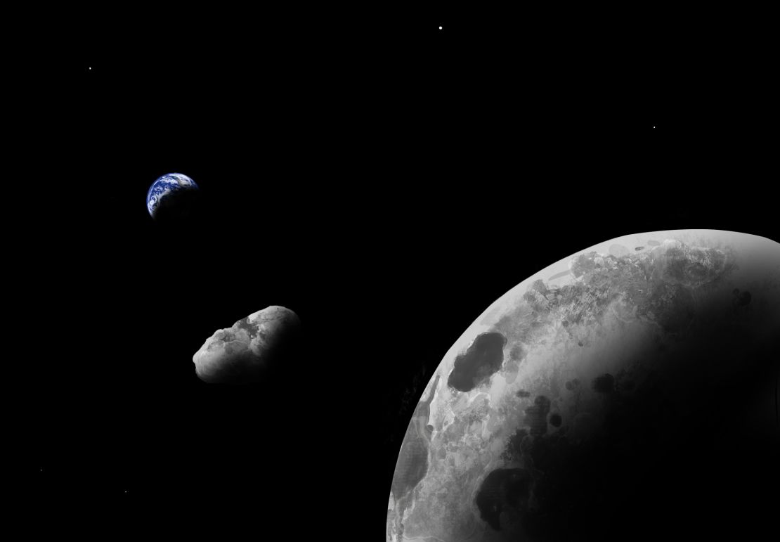 An artist's impression of quasi-satellite Kamo`oalewa near Earth and the moon is shown.