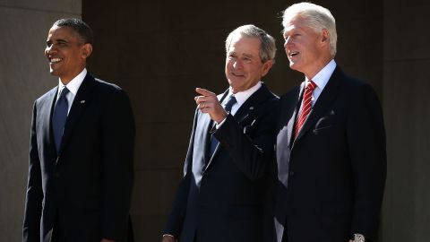 Former President Barack Obama, former President George W. Bush, and former President Bill Clinton attend the opening ceremony of the George W. Bush Presidential Center April 25, 2013 in Dallas, Texas. 