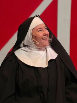 Jess Heuermann performs in a clear mask during Missoula Community Theatre's production of "Sister Amnesia's Country Western Nunsense Jamboree." The entire cast wore clear masks so the audience could better see each actor's expressions.