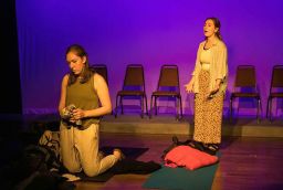 Lauren Bergen, right, and Emma Luxemburg perform in Wagner College's production of "Small Mouth Sounds." Performing arts professor Felicia Ruff chose the play because it requires the actors to be mostly silent.