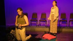 Lauren Bergen (right) and Emma Luxemburg perform in Wagner College's production of "Small Mouth Sounds." Performing arts professor Felicia Ruff chose the play because it requires the actors to be mostly silent. (Karen O'Donnell)
