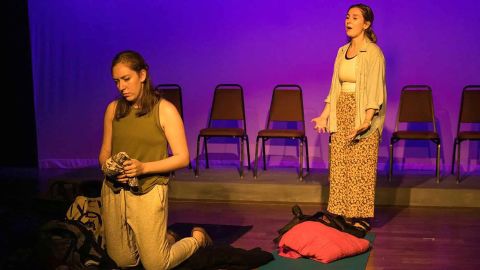 Lauren Bergen, right, and Emma Luxemburg perform in Wagner College's production of "Small Mouth Sounds." Performing arts professor Felicia Ruff chose the play because it requires the actors to be mostly silent.