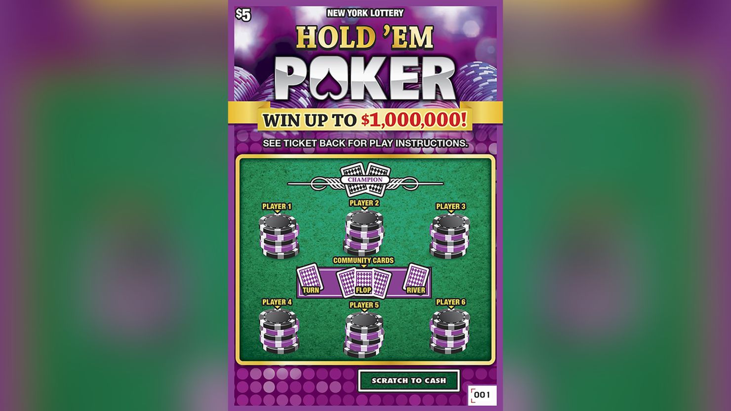An example of the 'Hold'em Poker' ticket from the New York Lottery. 