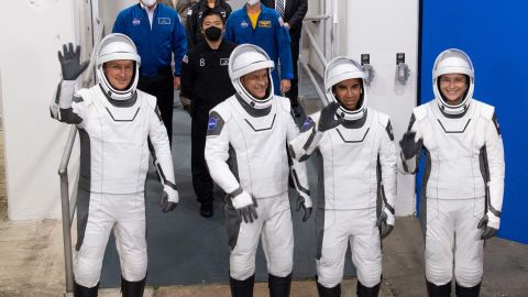 ESA (European Space Agency) astronaut Matthias Maurer, left, and NASA astronauts Tom Marshburn, second from left, Raja Chari, second from right, and Kayla Barron, right, wearing SpaceX spacesuits, are seen as they prepare to depart the Neil  A. Armstrong Operations and Checkout Building for Launch Complex 39A to board the SpaceX Crew Dragon spacecraft for the Crew-3 mission launch, Wednesday, Nov. 10, 2021, at NASA's Kennedy Space Center in Florida. NASA's SpaceX Crew-3 mission is the third crew rotation mission of the SpaceX Crew Dragon spacecraft and Falcon 9 rocket to the International Space Station as part of the agency's Commercial Crew Program. Chari, Marshburn, Barron, Maurer are scheduled to launch at 9:03 p.m. EST, from Launch Complex 39A at the Kennedy Space Center.  Photo Credit: (NASA/Joel Kowsky)