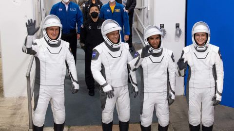 ESA (European Space Agency) astronaut Matthias Maurer, left, and NASA astronauts Tom Marshburn, second from left, Raja Chari, second from right, and Kayla Barron, right, wearing SpaceX spacesuits, are seen as they prepare to depart the Neil A. Armstrong Operations and Checkout Building for Launch Complex 39A to board the SpaceX Crew Dragon spacecraft for the Crew-3 mission launch, Wednesday, Nov. 10, 2021, at NASA's Kennedy Space Center in Florida. NASA's SpaceX Crew-3 mission is the third crew rotation mission of the SpaceX Crew Dragon spacecraft and Falcon 9 rocket to the International Space Station as part of the agency's Commercial Crew Program. Chari, Marshburn, Barron, Maurer are scheduled to launch at 9:03 p.m. EST, from Launch Complex 39A at the Kennedy Space Center. Photo Credit: (NASA/Joel Kowsky)