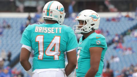 Brissett and Tagovailoa meet before the game against the Buffalo Bills in October.