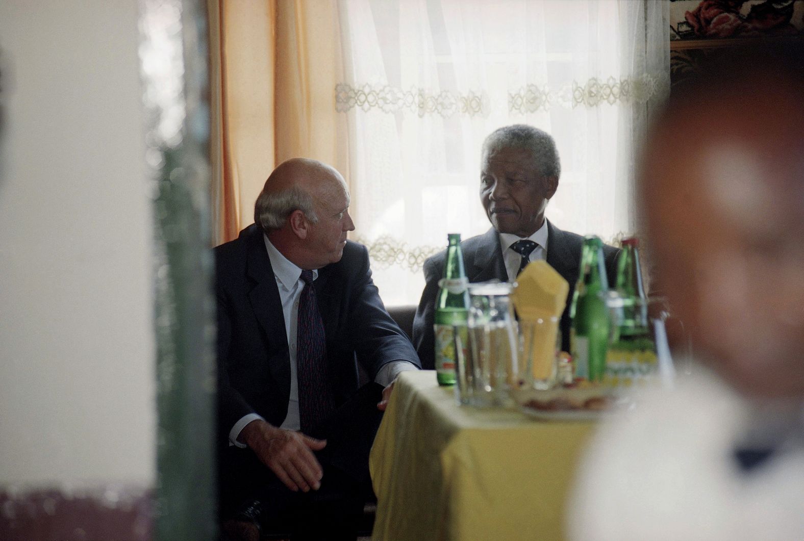De Klerk and Mandela meet privately  on April 3, 1994, before attending the Zion Christian Church Easter Mass in Moria, South Africa.