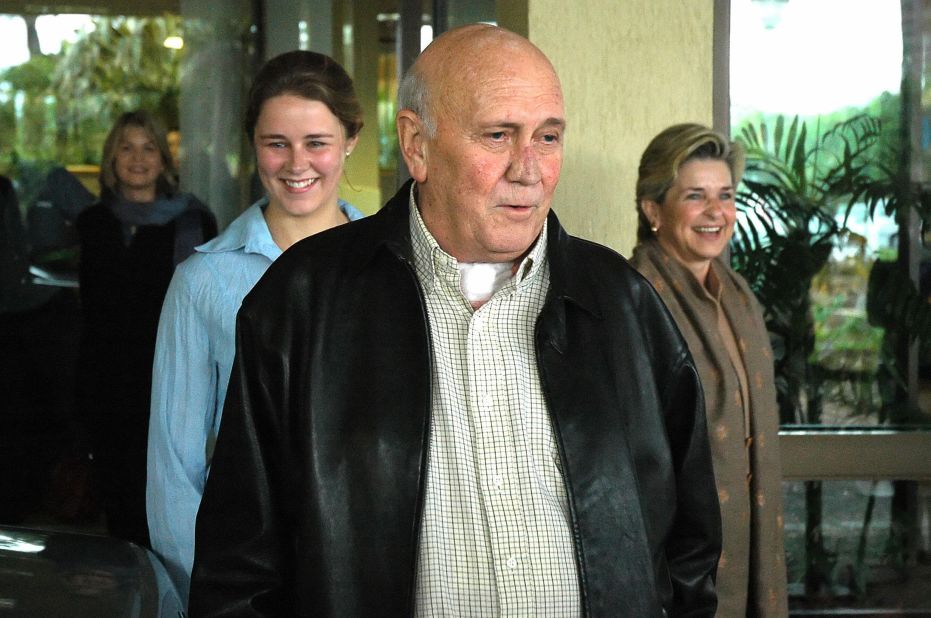 De Klerk leaves the Panorama Clinic in Cape Town on July 3, 2006, following the successful removal of a colon tumor and treatment for a serious lung infection. 