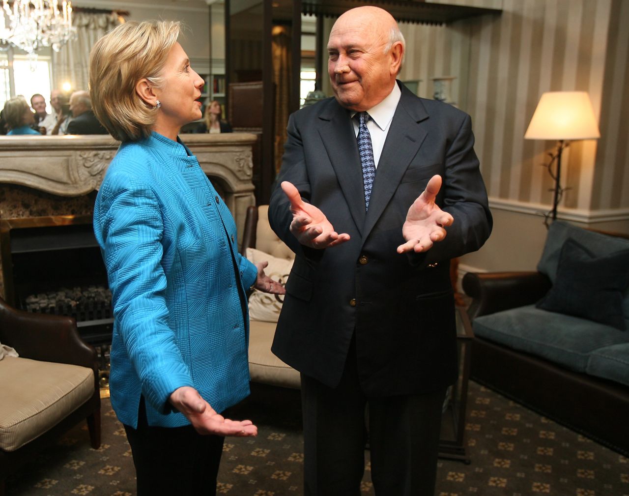 Secretary of State Hillary Clinton meets with de Klerk on August 8, 2009, in Cape Town as part of a seven-nation tour of Africa. 