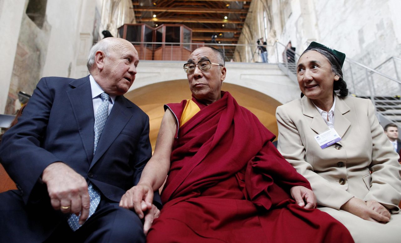 De Klerk sits with the Dalai Lama and Rebiya Kadeer before the start of a conference for Peace, Democracy and Human Rights in Asia on September 11, 2009, in Prague, Czech Republic.