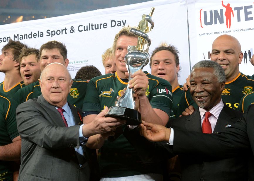 De Klerk stands with the South Africa national rugby team, the Springboks, during the Castle Rugby Championship match between South Africa and Argentina on August 17, 2013, in Soweto, South Africa.