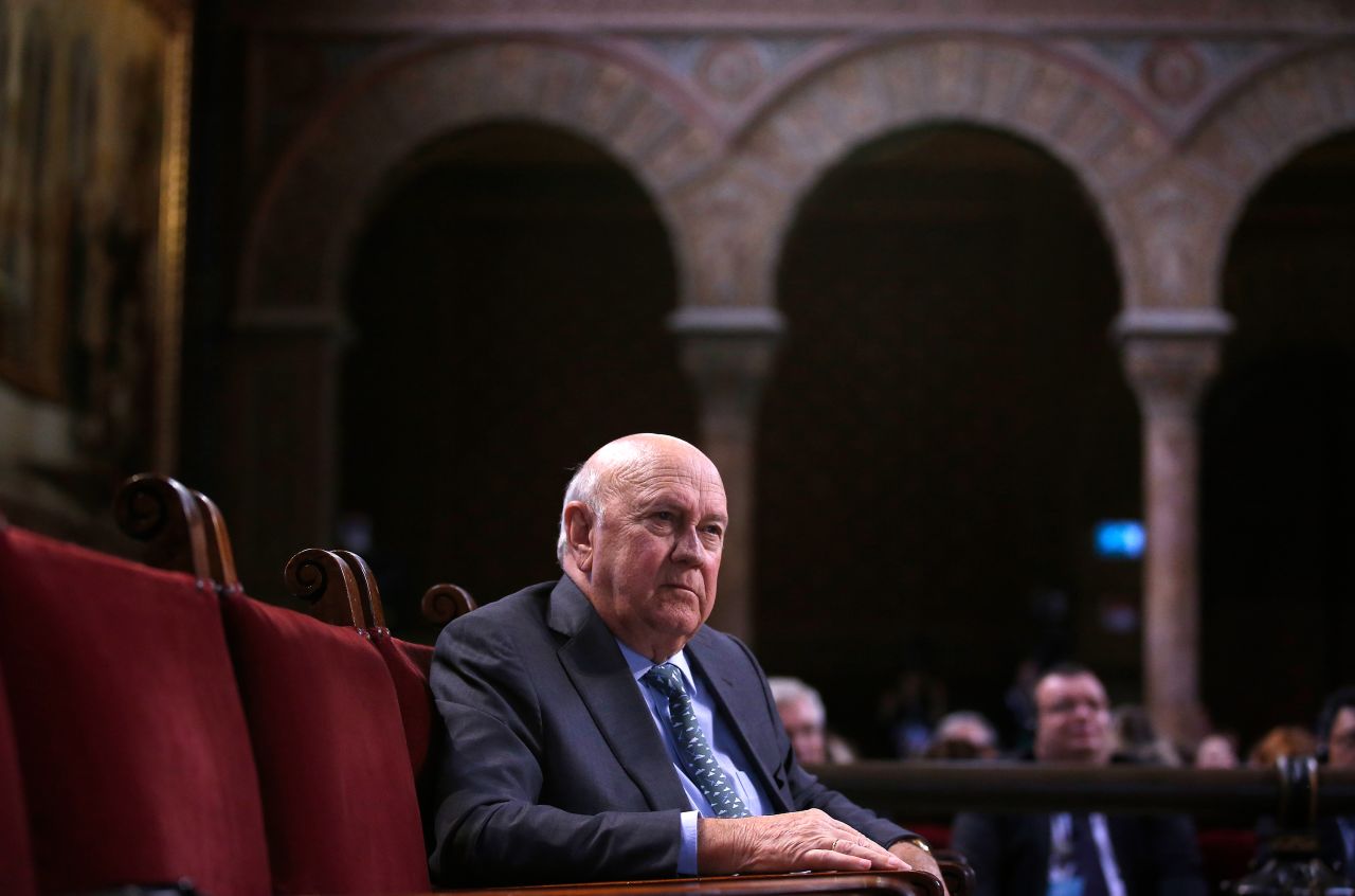 De Klerk attends the opening ceremony of the XV World Summit of Nobel Peace Laureates on November 13, 2015, at the University in Barcelona in Spain. 