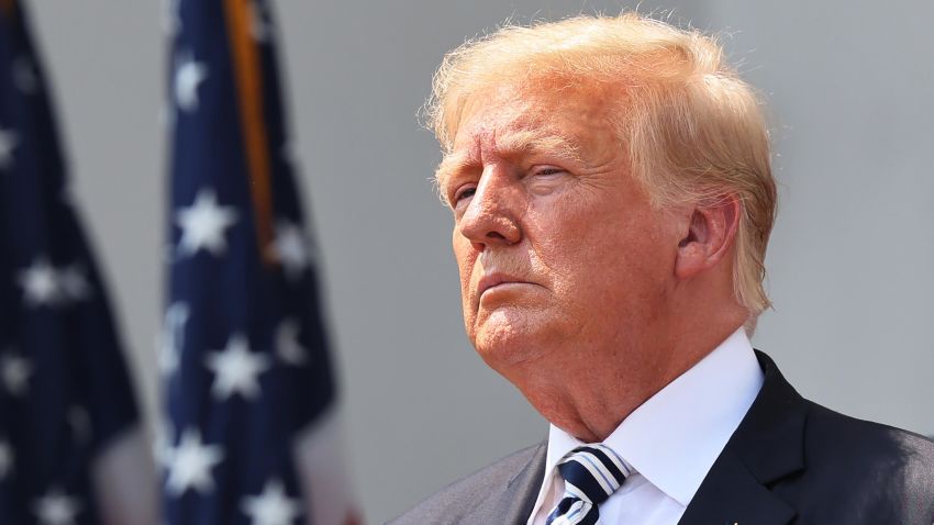 Former U.S. President Donald Trump looks on during a press conference announcing a class action lawsuit against big tech companies at the Trump National Golf Club Bedminster on July 7, 2021 in Bedminster, New Jersey.