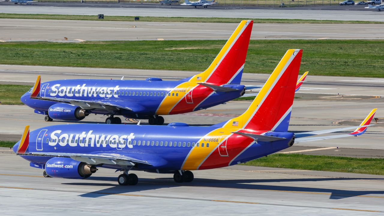 Southwest Airlines Boeing 737-700 airplanes at San Jose airport (SJC) in the United States.