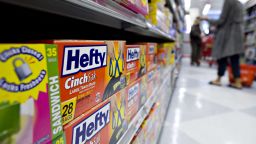 Hefty trash bags sit on display in a supermarket in New York, U.S., on Monday, May 17, 2010. 