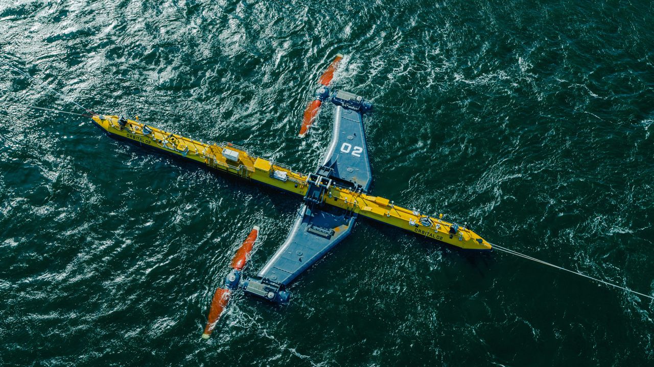 Orbital Marine Power's floating turbines off the Scottish coast produce enough energy to power 2,000 homes a year.