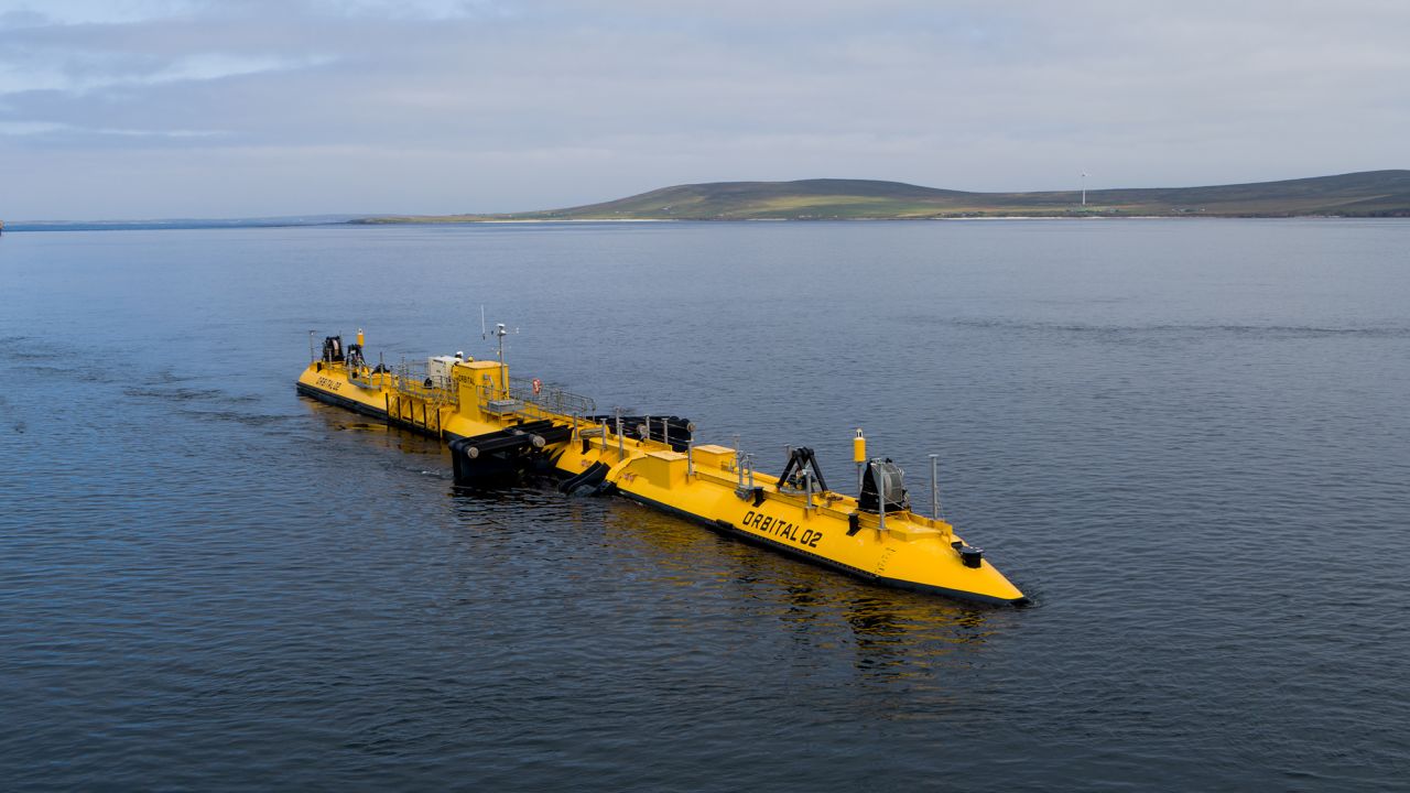 When operational, the Orbital turbine's wing blades drop below the surface of the water and generate power from ocean currents.