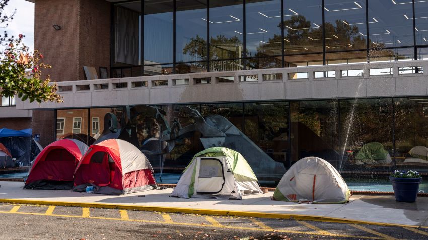 WASHINGTON, DC - OCTOBER 25:  Tents are set up near the Blackburn University Center as students protest poor housing condition on the campus of at Howard University October 25, 2021 in Washington, DC. Students have complained about mold and poor conditions in some dorm rooms and over 100 students have been staging a weeks-long protest to highlight the issues. (Photo by Drew Angerer/Getty Images)