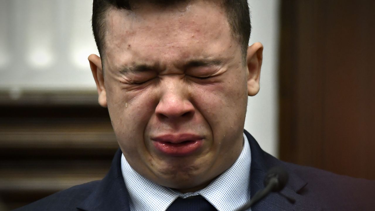 Kyle Rittenhouse breaks down on the stand as he testifies about his encounter with the late Joseph Rosenbaum during his trial at the Kenosha County Courthouse on November 10, 2021 in Kenosha, Wisconsin. (Photo by Sean Krajacic-Pool/Getty Images)
