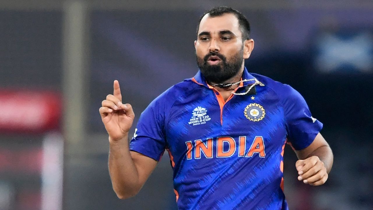 Mohammed Shami celebrates after taking a wicket during the T20 World Cup match between India and Scotland.