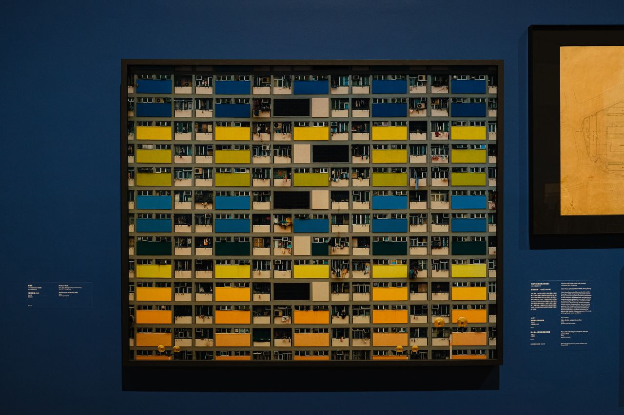 A framed photograph by photographer Michael Wolf in an exhibition focused on Hong Kong's visual culture.