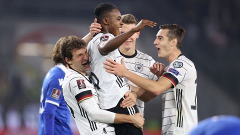 Ridle Baku celebrates Germany's seventh goal against Liechtenstein.