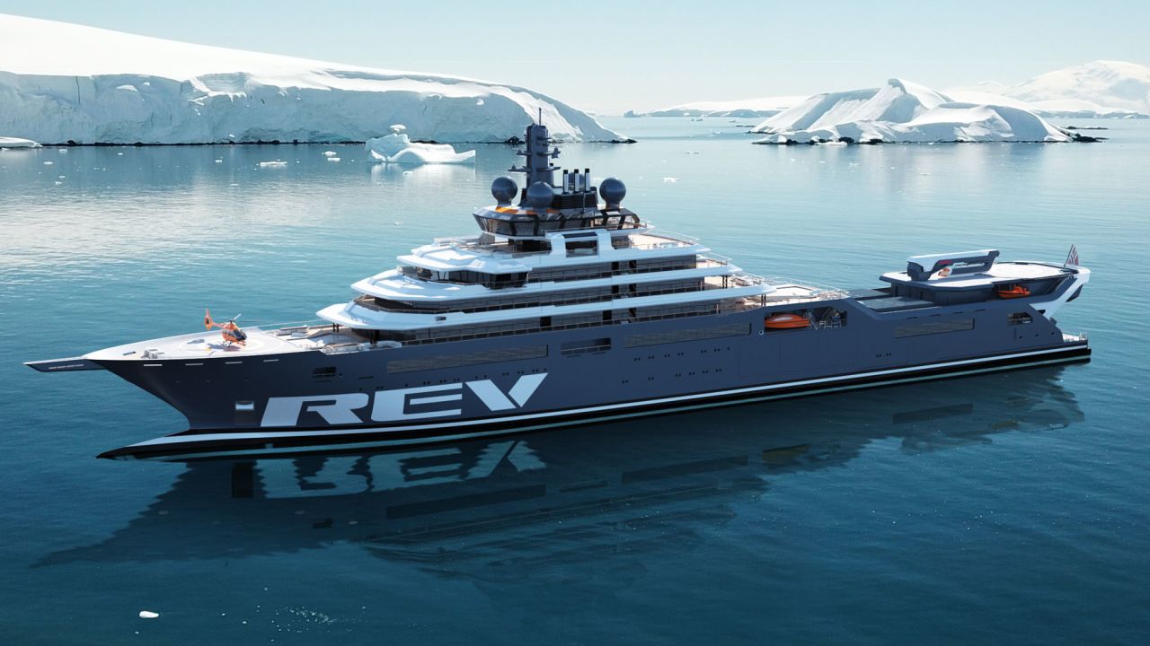 A  rendering of 183-meter expedition vessel REV is, scheduled for delivery in 2024.