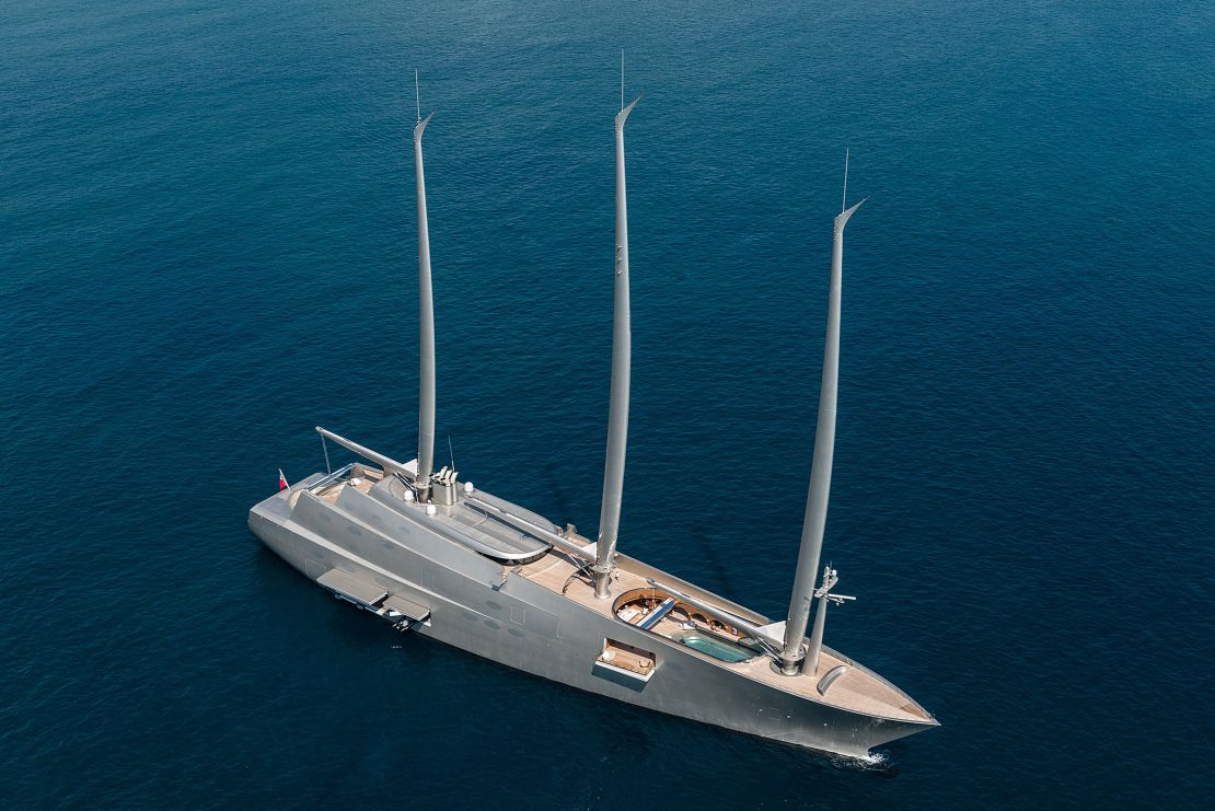 This 143-meter sail-assisted motor yacht was designed by Philippe Starck.