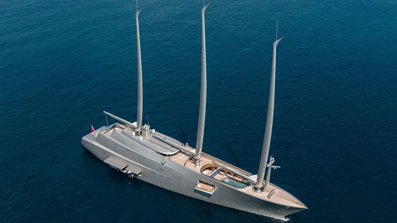 This 143-meter sail-assisted motor yacht was designed by Philippe Starck.