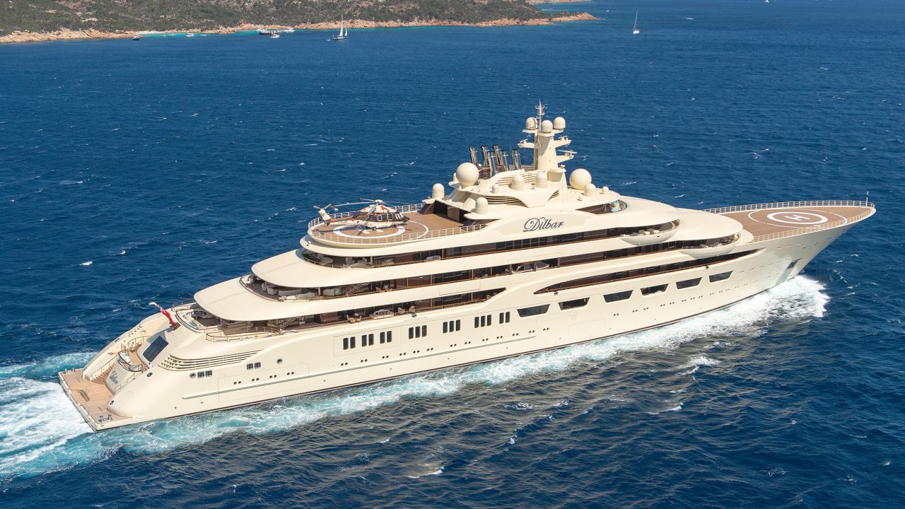 The 156-meter long Dilbar is the largest yacht in the world by volume, with a gross tonnage of about 16,000.