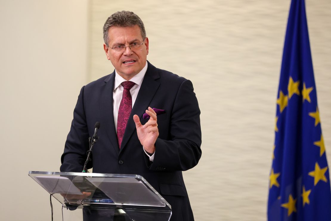 Maros Sefcovic, vice president of the European Commission, addresses a news conference following negotiations over the Northern Ireland Protocol in London on Friday.