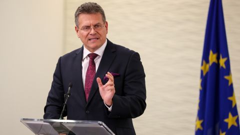 Maros Sefcovic, vice president of the European Commission, addresses a news conference following negotiations over the Northern Ireland Protocol in London on Friday.
