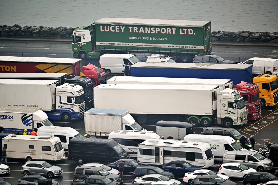 Vehicles wait to board a ferry to Northern Ireland at the Stena Line Cairnryan Terminal on September 9, 2021 in Cairnryan, Scotland.