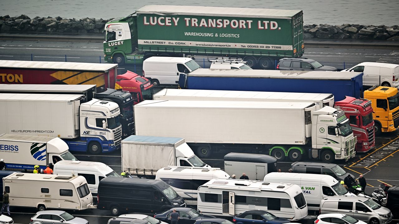 Vehicles wait to board a ferry to Northern Ireland at the Stena Line Cairnryan Terminal on September 9, 2021 in Cairnryan, Scotland.