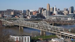 The Brent Spence Bridge spans the Ohio River on the Ohio-Kentucky border in Cincinnati, Ohio on April 2, 2021. 