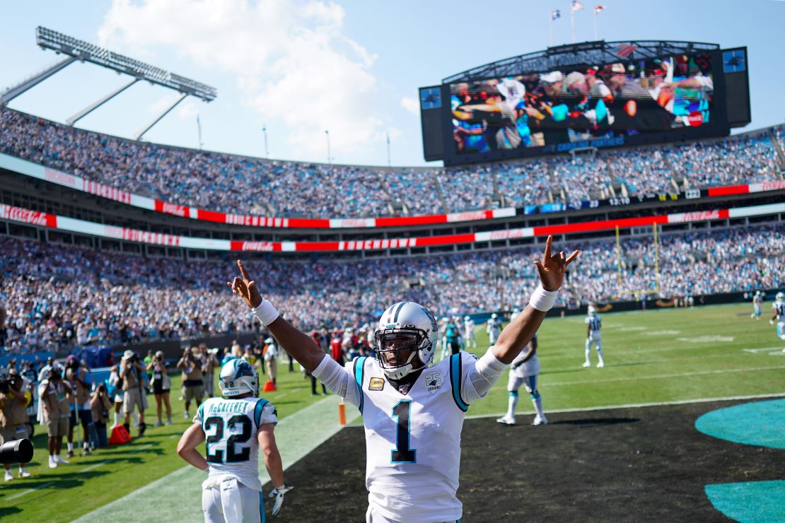 Newton celebrates after a touchdown in the fourth quarter during their game against the Los Angeles Rams on September 8, 2019.