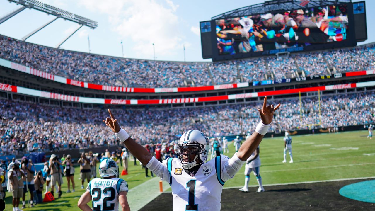 Newton celebrates after a touchdown in the fourth quarter during their game against the Los Angeles Rams on September 8, 2019.