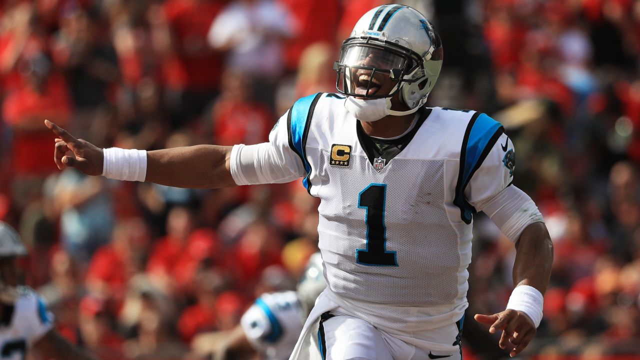 Cam Newton celebrates after a touchdown during the first quarter against the Tampa Bay Buccaneers on December 2, 2018.