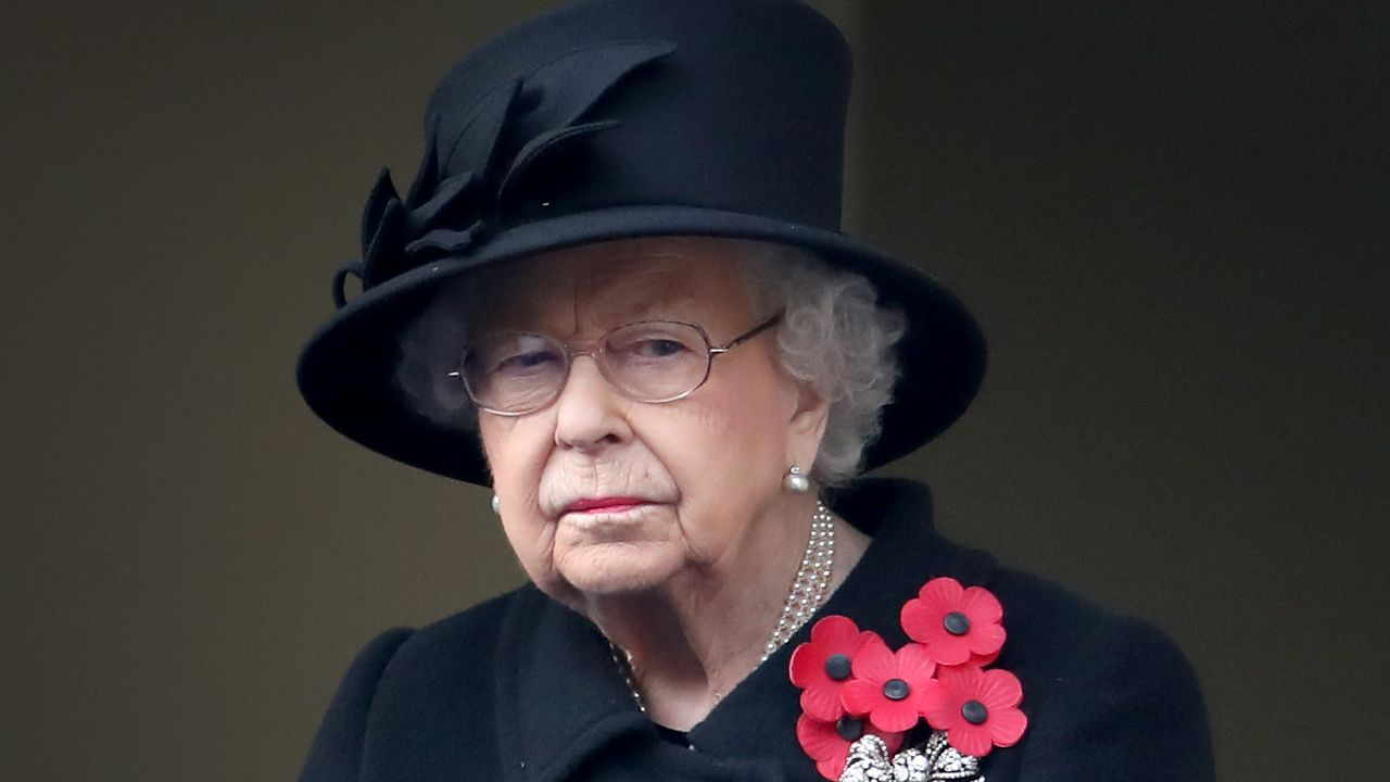 Queen Elizabeth II looks on during the Service of Remembrance at the Cenotaph at The Cenotaph on November 08, 2020 in London, England. 