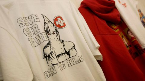 A T-shirt with the words "Save Our Land Join The Klan" inside the Redneck Shop.