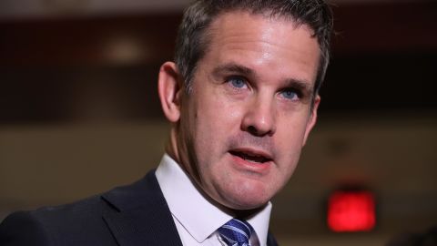 Rep. Adam Kinzinger talks to reporters after a House Republican conference meeting in the US Capitol Visitors Center on May 12, 2021, in Washington.
