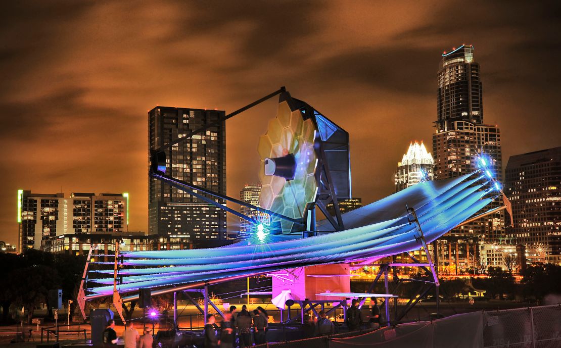 This image shows the full-scale James Webb Space Telescope model at South by Southwest in Austin.				