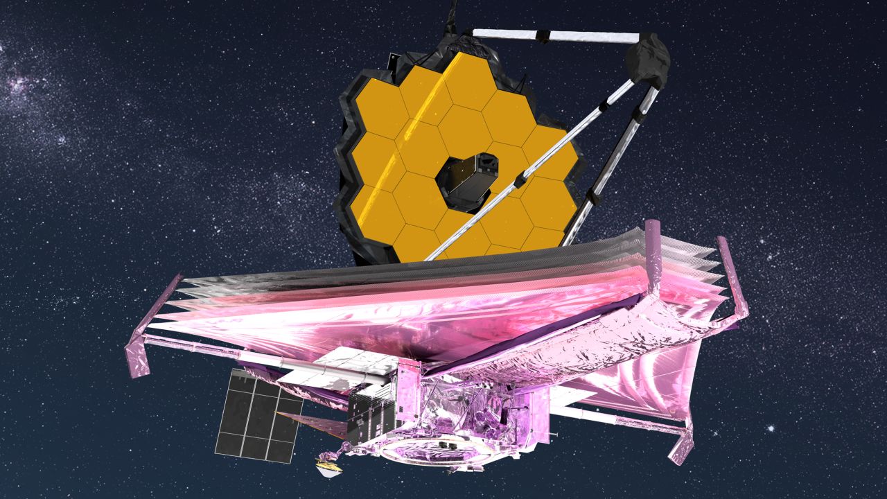 This illustration shows the Webb telescope with its mirror and sunshield fully deployed in space.