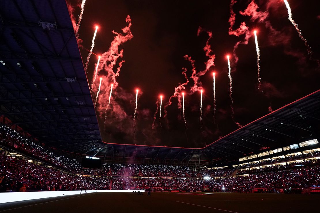 Fireworks are seen on display prior to the World Cup qualifying match between Mexico and the US.