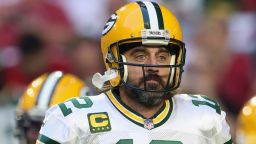 Quarterback Aaron Rodgers #12 of the Green Bay Packers during the NFL game at State Farm Stadium on October 28, 2021 in Glendale, Arizona.