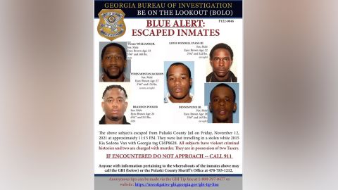 The five inmates escaped from Georgia's Pulaski County Jail shortly after 11 p.m. Friday.