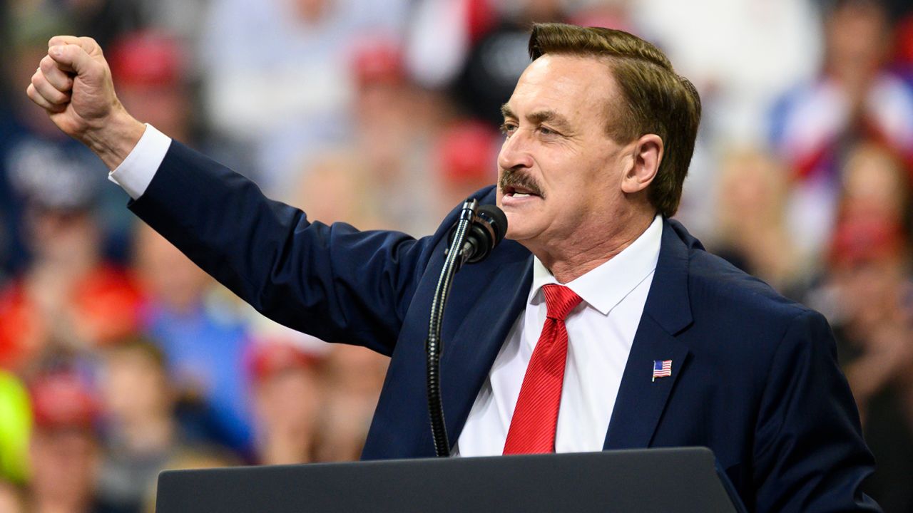 Mike Lindell, CEO of My Pillow, speaks during a campaign rally held by then-President Donald Trump at the Target Center on October 10, 2019, in Minneapolis, Minnesota.
