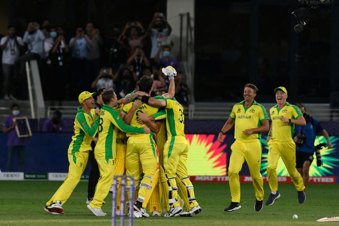 Australia's players celebrate their win at the T20 World Cup.